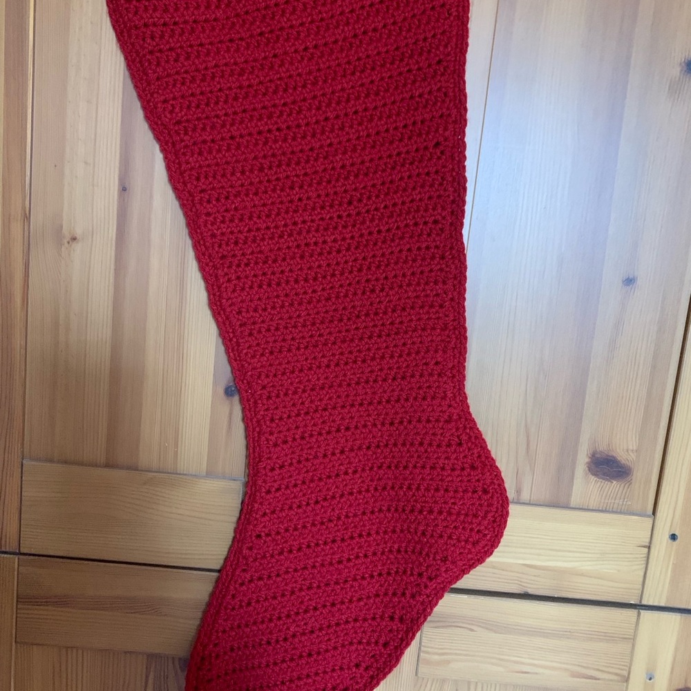 Handmade crocheted Red Christmas stocking, ready for you to decorate
